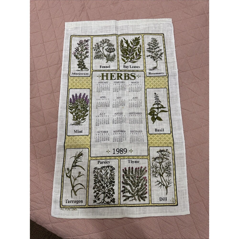 VTG 1989 Gardening Cooking Herbs Calendar Towel Dill Thyme Basil Rosemary Fennel